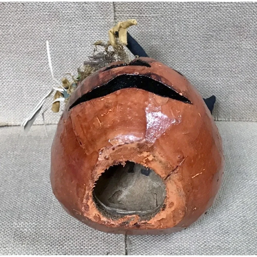 Vintage Hand Carved Gourd Jack O Lantern Plush Crow Decoration Whimsigoth Goth